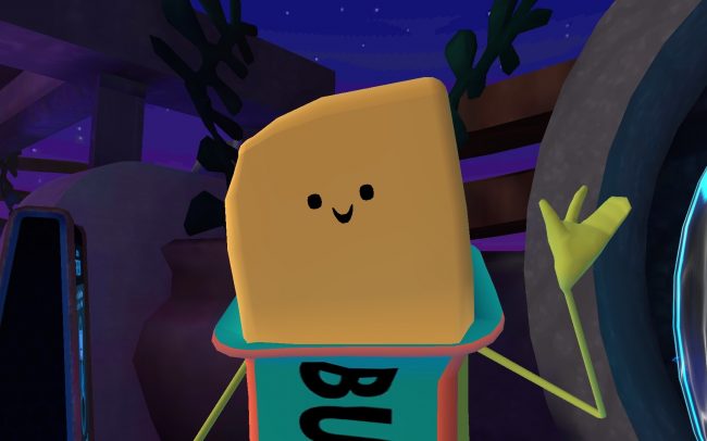 A screenshot from VR platform VRchat of a butter avatar waving for a selfie.